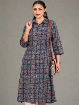 ARAMYA - Blue Printed Collar Neck Kurta