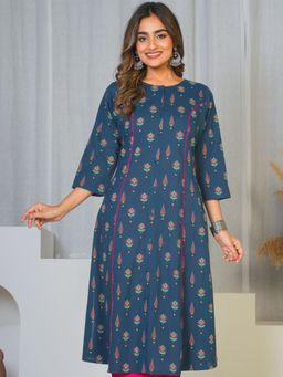ARAMYA - Blue Floral Round Neck Kurta