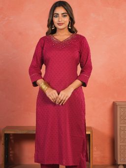 ARAMYA - Maroon Embroidered V-Neck Kurta