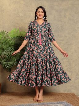 ARAMYA - Green Floral V-Neck Dress