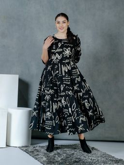 ARAMYA - Black Abstract Round Neck Dress