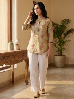 Bonjour - Beige Floral Mandarin Neck Tunic
