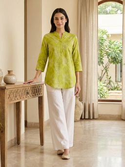 Bonjour - Green Paisley Mandarin Neck Tunic