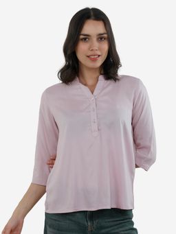 Bonjour - Pink Solid/Plain Mandarin Neck Tunic