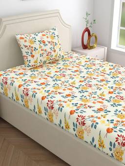 Dreamscape - Cotton Bedsheet With Pillow Cover Cream (Single)