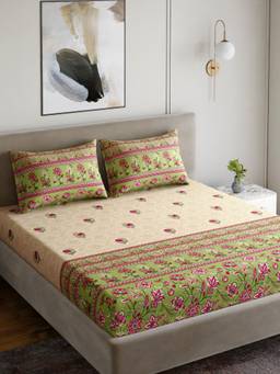 Home Ecstasy - Cotton Bedsheet with Pillow Covers Green (Double)