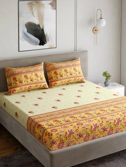 Home Ecstasy - Cotton Bedsheet with Pillow Covers Yellow (Double)