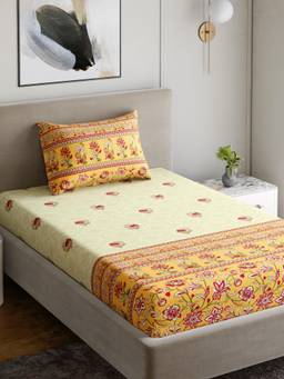 Home Ecstasy - Cotton Bedsheet With Pillow Cover Yellow (Single)