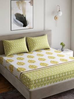 Home Ecstasy - Cotton Bedsheet with Pillow Covers Green (Double)