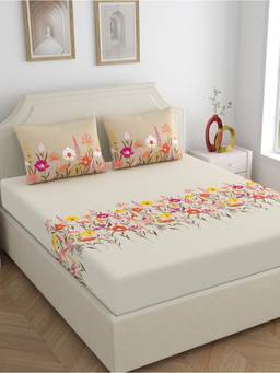 Home Ecstasy - Cotton Bedsheet with Pillow Covers Beige (Queen)