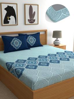 Dreamscape - Cotton Bedsheet with Pillow Covers Blue (Queen)