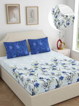 Dreamscape - Cotton Bedsheet with Pillow Covers Blue (King)