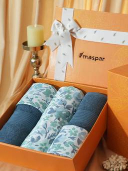 Maspar - Cotton Bedsheet With Pillow Cover and Bath Towel Box Blue (King)