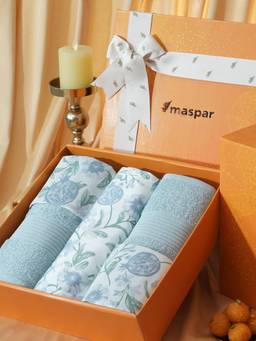 Maspar - Cotton Bedsheet With Pillow Cover and Bath Towel Box Blue (Double)