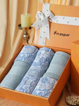 Maspar - Cotton Bedsheet With Pillow Cover and Bath Towel Box Blue (King)