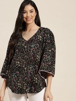 Qurvii - Black Floral Bell Sleeve Top