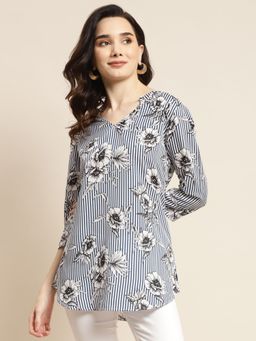 Qurvii - White and Navy Blue Striped Floral Top