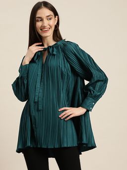 Qurvii - Pleated Teal Tie Top