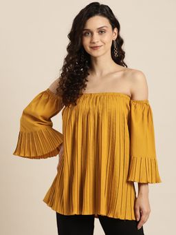 Qurvii - Mustard Off- Shoulder Pleated Top
