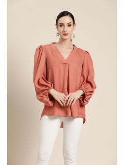 Qurvii - Peach V-Neck Balloon Sleeve Top