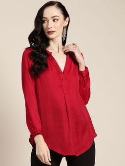 Qurvii - Red Silk Half Placket Top