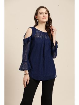 Qurvii - Cold Shoulder Navy Blue Net Top