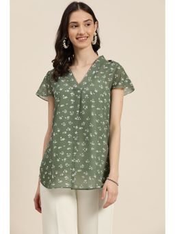 Qurvii - Olive Floral Georgette V-Neck Top