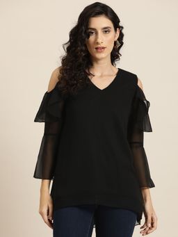 Qurvii - Black Solid Cold Shoulder Ruffle Bell Sleeve Tops
