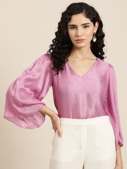 Qurvii - Blush Pink Silk V-Neck Bell Sleeve Top
