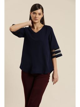 Qurvii - Navy Blue Stylish Mesh Bell Sleeves Blue Top