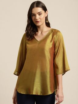 Qurvii - Bronze Silk Embellished V-Neck Top