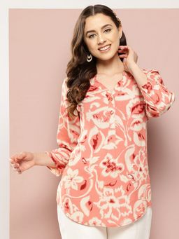 Qurvii - Peach Floral Half-Placket Mandarin Collar Top