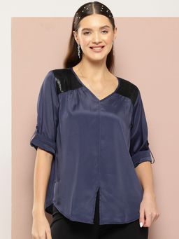 Qurvii - Navy Blue Sequin Embellishment Top