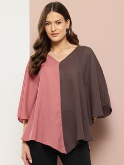 Qurvii - V-Shape Hemline Color Block Kimono Top