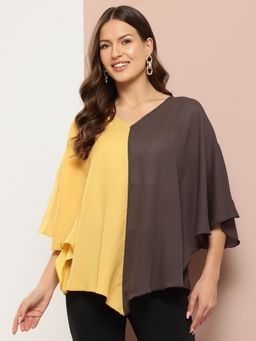 Qurvii - V-Shape Hemline Color Block Kimono Sleeves Top