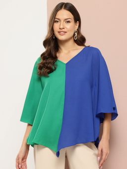Qurvii - V-Shape Hemline Color Block Kimono Sleeves Top