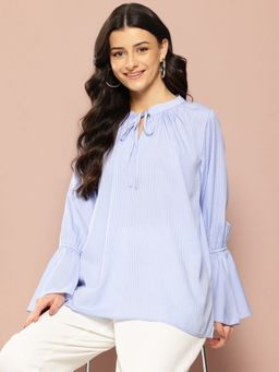 Qurvii - Classic Stripes Tie-Up Neck Long Bell Sleeves Top