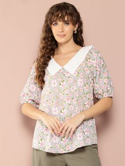 Qurvii - Floral Print Peter Pan Collar Puffed Sleeves Top