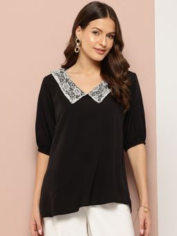 Qurvii - Solid Black Peter Pan Collar Puffed Sleeves Top