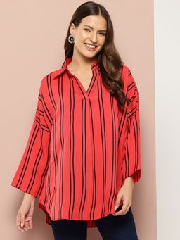 Qurvii - Striped Drop-Shoulder A Wide Collar Top
