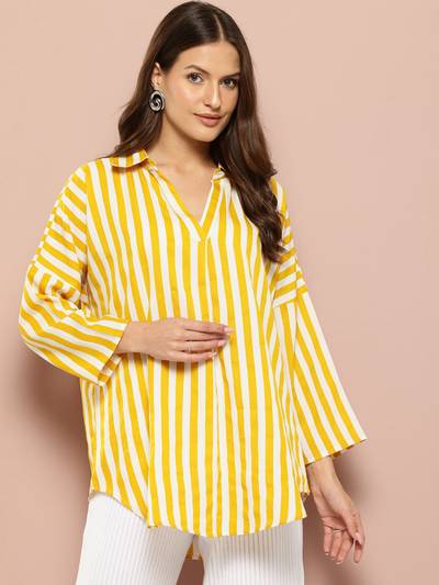 Striped Drop-Shoulder A Wide Collar Top