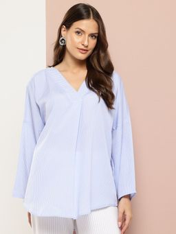 Qurvii - Blue and White Striped V-Neck Top