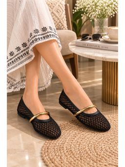 Sandal Stories - Luxe Mesh Gold Bar Mary Jane Ballerinas - Midnight Black