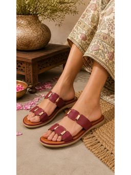 Sandal Stories - Maroon Ruby Gold Double Strap Comfort Flats