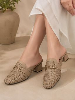 Sandal Stories - Luxe Woven Beige Block Heel Mules