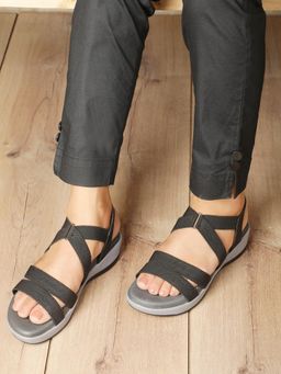 Carlton London - Women Elastic Strap Comfort Wedges Sandals-Black