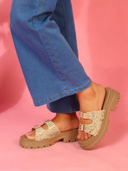 ELLE - Women Glamour Block Heels with Buckle Details-Gold