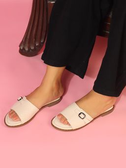ELLE - Women Slip-On Flats with Buckle Details-Cream