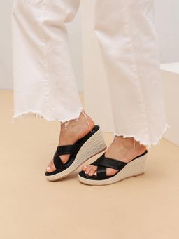 Pair ie Tales - Women Cross Strap Metal Wedges Heels-Black