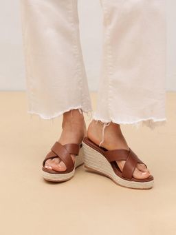 Pair ie Tales - Women Cross Strap Metal Wedges Heels-Tan